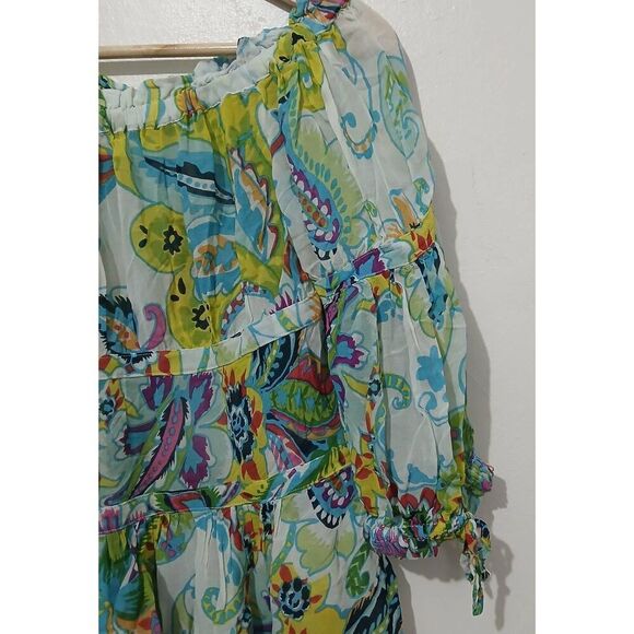 Maeve womens medium off shoulder green paisley 100% viscose silk top sheer - Picture 5 of 8